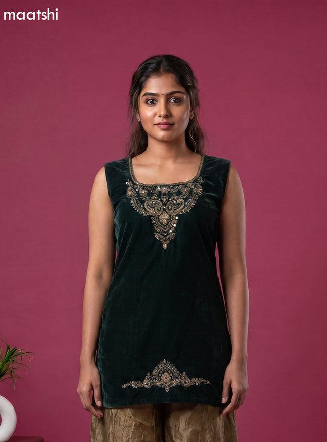 Bottle Green Velvet Embroidery Work Straight Suit