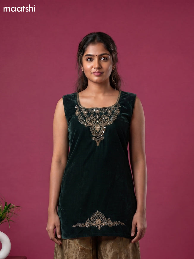 Bottle Green Velvet Embroidery Work Straight Suit