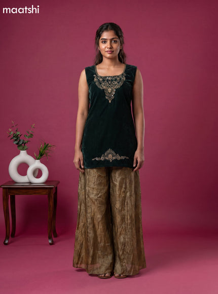 Bottle Green Velvet Embroidery Work Straight Suit
