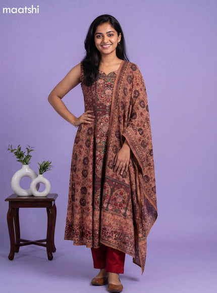 Dark Peach and Maroon Crepe Silk Printed & Embroidery Work Floor Lenght Anarkali Suit