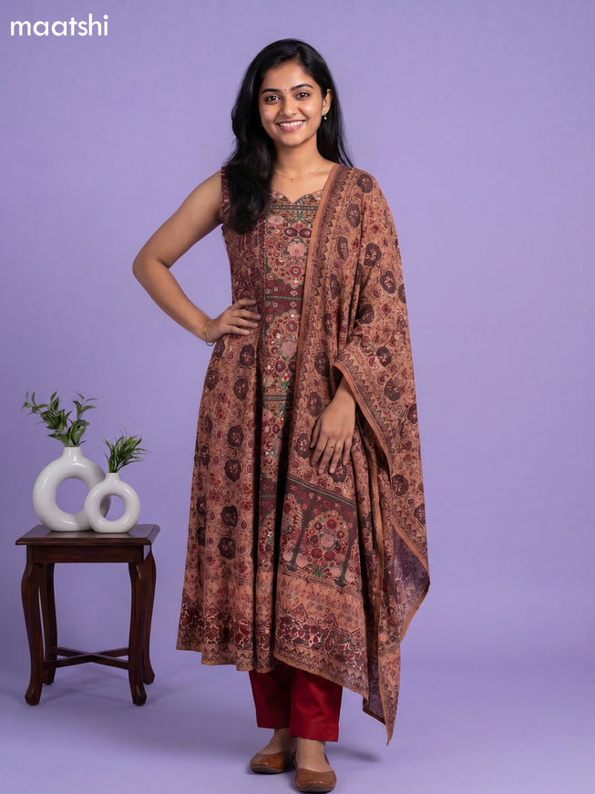 Dark Peach and Maroon Crepe Silk Printed & Embroidery Work Floor Lenght Anarkali Suit