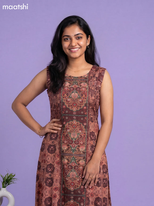 Dark Peach and Maroon Crepe Silk Printed & Embroidery Work Floor Lenght Anarkali Suit