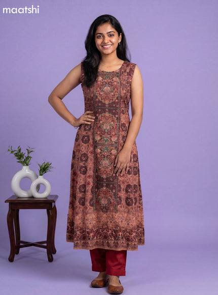 Dark Peach and Maroon Crepe Silk Printed & Embroidery Work Floor Lenght Anarkali Suit