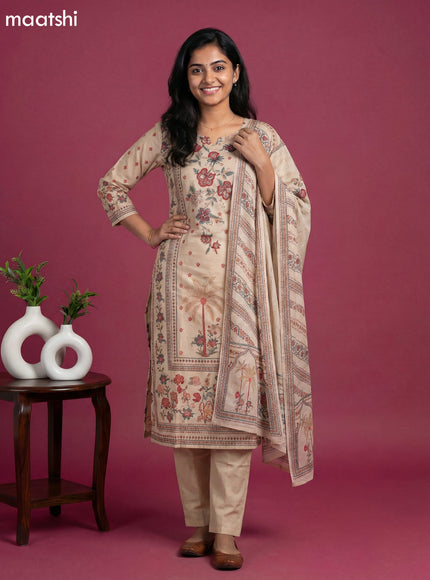 Beige Cotton Printed & Embroidery Work Straight Suit