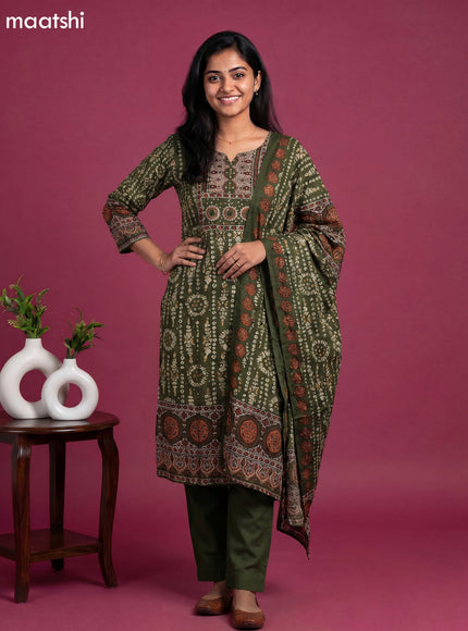 Sap Green Muslin Batik Printed Gota Patti Work Straight Suit