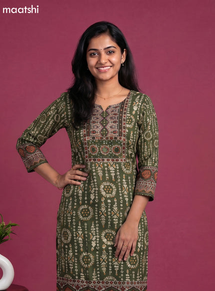 Sap Green Muslin Batik Printed Gota Patti Work Straight Suit