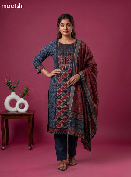 Peacock Blue and Maroon Black Muslin Batik Printed Gota Patti Work Straight Suit