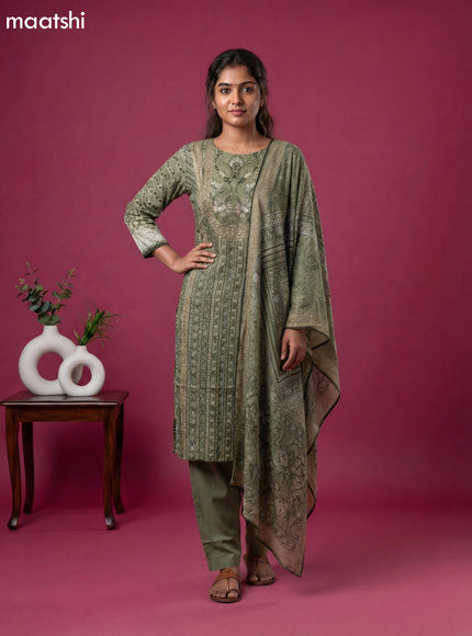 Pastel Green Crepe Silk Printed & Embroidery Work Straight Suit