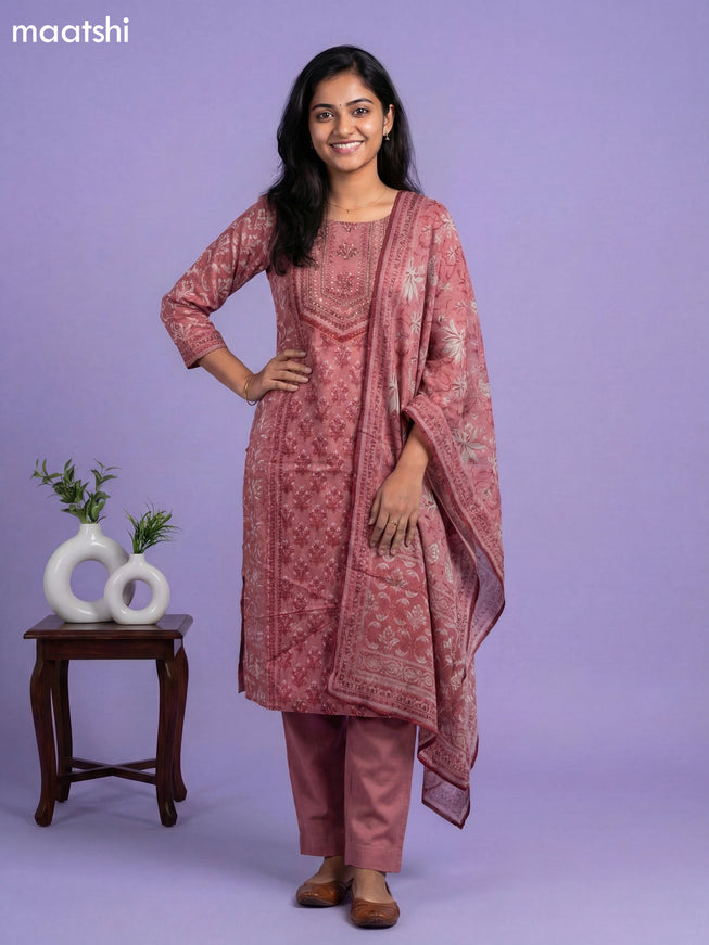 Dark Peach Crepe Silk Printed & Embroidery Work Straight Suit