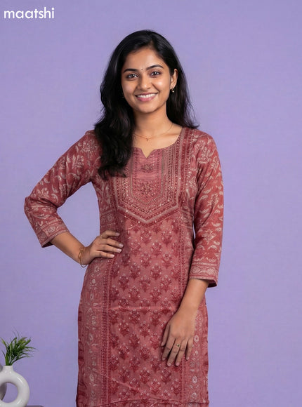 Dark Peach Crepe Silk Printed & Embroidery Work Straight Suit
