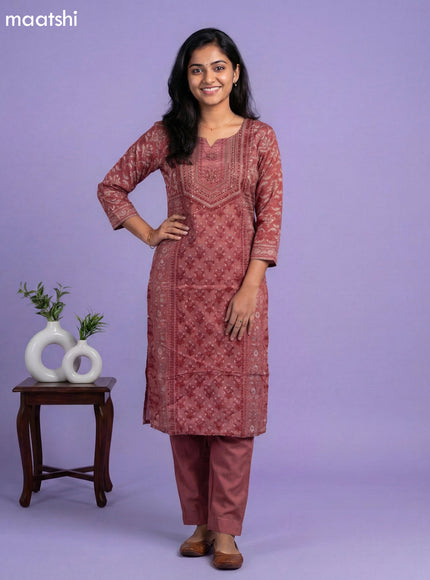Dark Peach Crepe Silk Printed & Embroidery Work Straight Suit