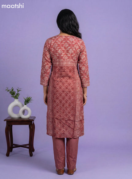 Dark Peach Crepe Silk Printed & Embroidery Work Straight Suit