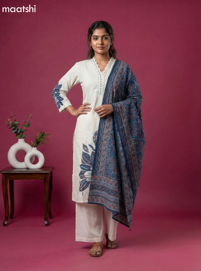 Off White and Peacock Blue Linen Cotton Printed & Embroidery Work Straight Suit