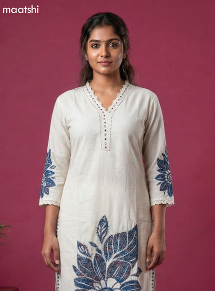 Off White and Peacock Blue Linen Cotton Printed & Embroidery Work Straight Suit