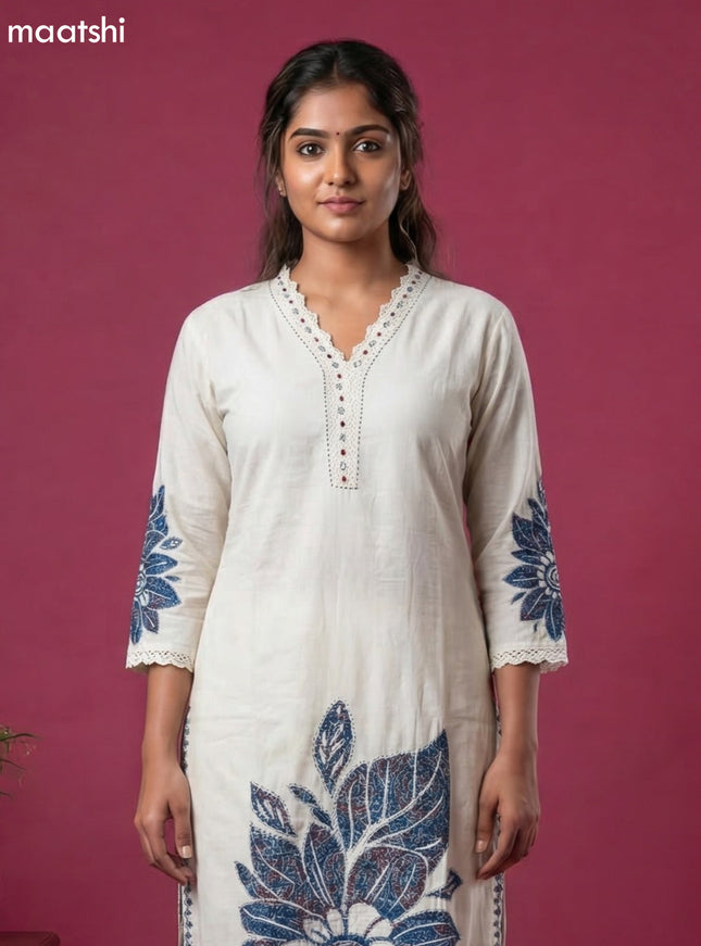 Off White and Peacock Blue Linen Cotton Printed & Embroidery Work Straight Suit