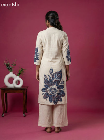 Off White and Peacock Blue Linen Cotton Printed & Embroidery Work Straight Suit