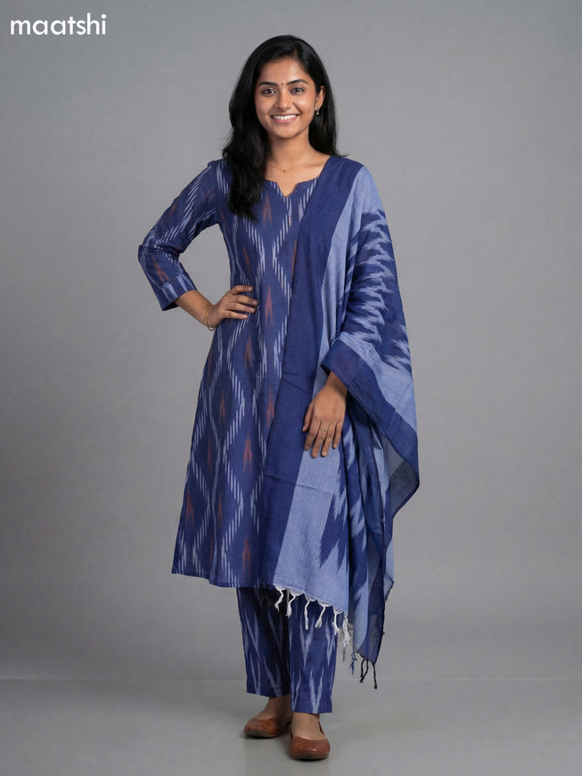 Blue Cotton Ikat Weaves A-Line Suit