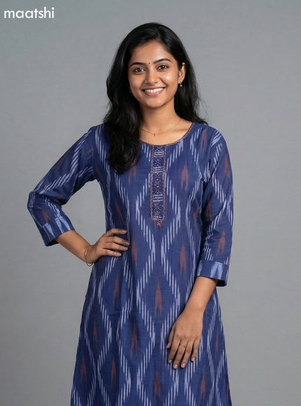 Blue Cotton Ikat Weaves A-Line Suit