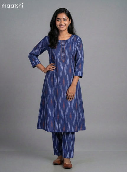 Blue Cotton Ikat Weaves A-Line Suit