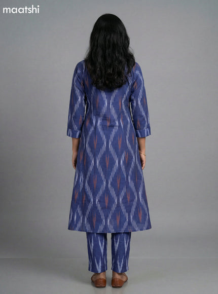 Blue Cotton Ikat Weaves A-Line Suit