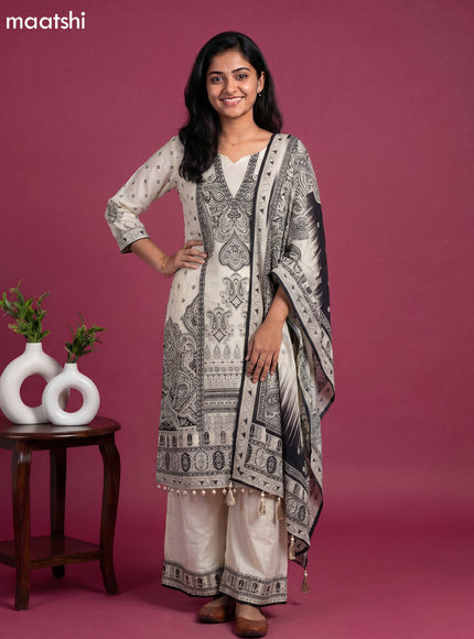 Cream and Black Crepe Silk Printed Straight Suit
