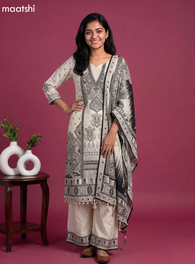 Cream and Black Crepe Silk Printed Straight Suit