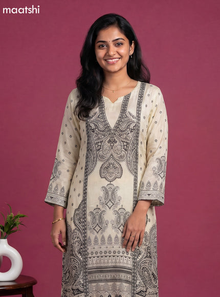 Cream and Black Crepe Silk Printed Straight Suit