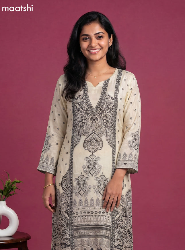 Cream and Black Crepe Silk Printed Straight Suit