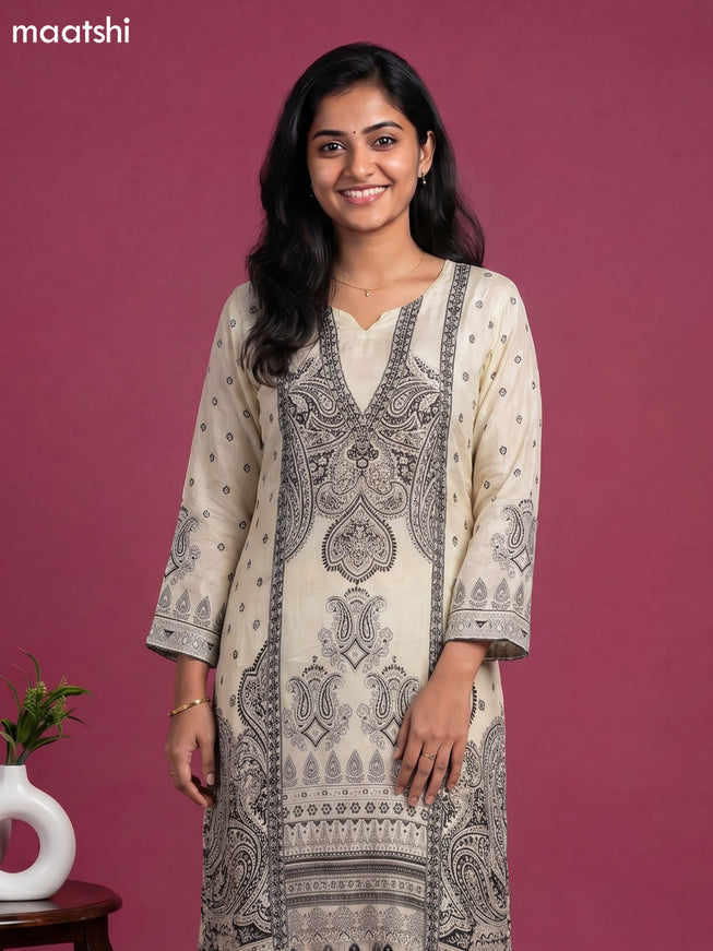 Cream and Black Crepe Silk Printed Straight Suit