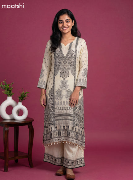 Cream and Black Crepe Silk Printed Straight Suit