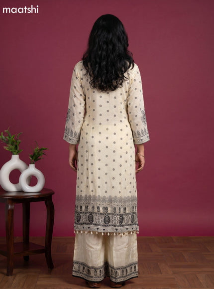 Cream and Black Crepe Silk Printed Straight Suit
