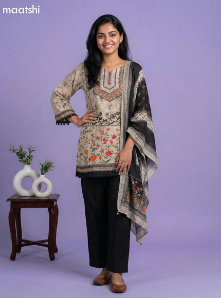 Beige and Black Crepe Silk Printed & Beaded Work Neck Pattern Short Straight Suit