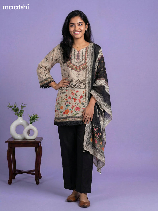 Beige and Black Crepe Silk Printed & Beaded Work Neck Pattern Short Straight Suit