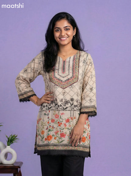 Beige and Black Crepe Silk Printed & Beaded Work Neck Pattern Short Straight Suit