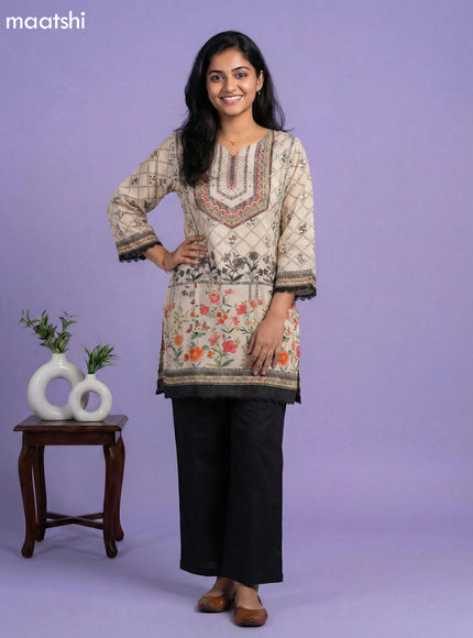 Beige and Black Crepe Silk Printed & Beaded Work Neck Pattern Short Straight Suit