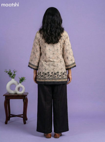 Beige and Black Crepe Silk Printed & Beaded Work Neck Pattern Short Straight Suit