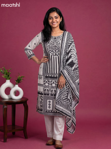 Off White & Black Muslin Printed & Embroidery work Straight Suit