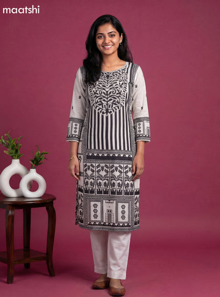 Off White & Black Muslin Printed & Embroidery work Straight Suit