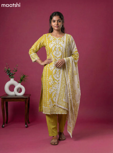 Mustard Yellow and Off White Muslin Printed & Beaded Work Neck Pattern Straight Suit