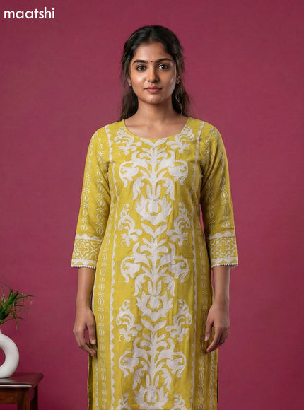 Mustard Yellow and Off White Muslin Printed & Beaded Work Neck Pattern Straight Suit