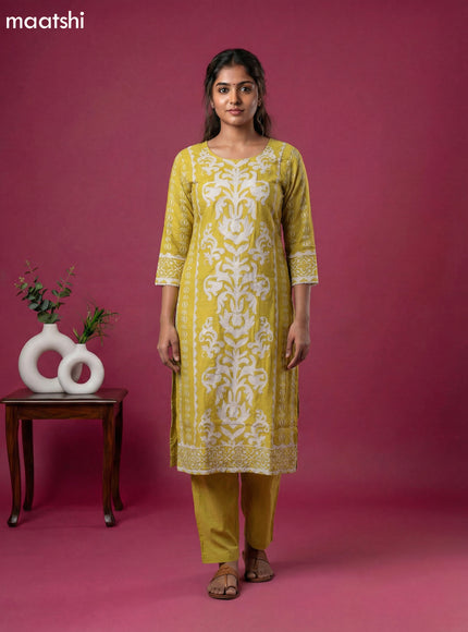 Mustard Yellow and Off White Muslin Printed & Beaded Work Neck Pattern Straight Suit