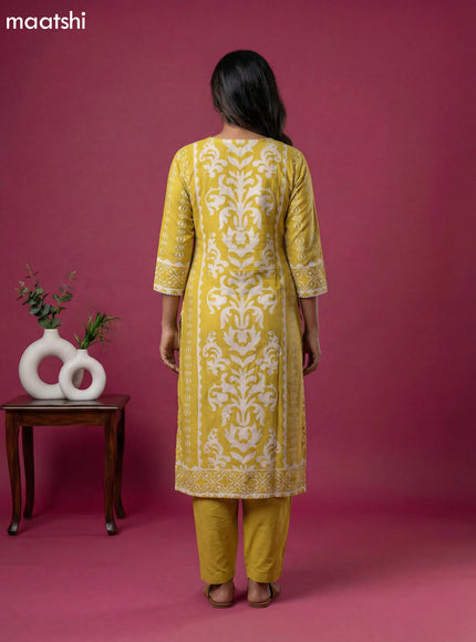 Mustard Yellow and Off White Muslin Printed & Beaded Work Neck Pattern Straight Suit