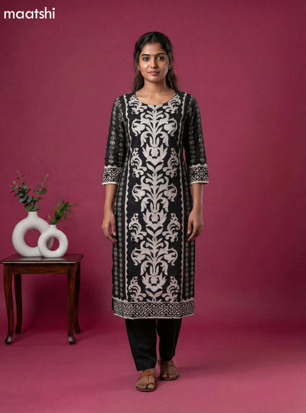 Black and Off White Muslin Printed & Beaded Work Neck Pattern Straight Suit