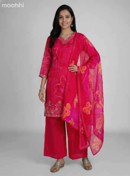 Pink Crepe Silk Printed & Beaded Work Short Straight Suit