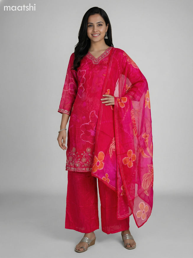 Pink Crepe Silk Printed & Beaded Work Short Straight Suit