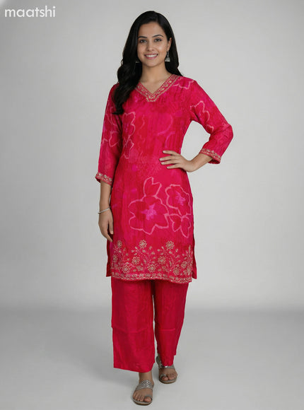 Pink Crepe Silk Printed & Beaded Work Short Straight Suit
