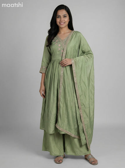 Pastel Green Art Tussar Embroidery Work Anarkali Suit