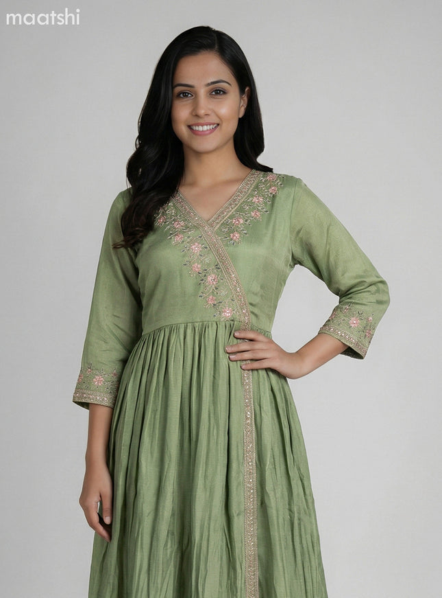 Pastel Green Art Tussar Embroidery Work Anarkali Suit