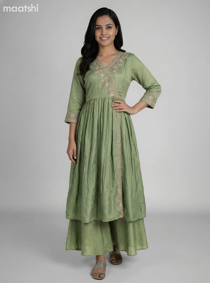 Pastel Green Art Tussar Embroidery Work Anarkali Suit