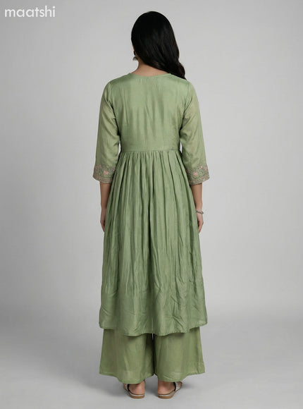 Pastel Green Art Tussar Embroidery Work Anarkali Suit